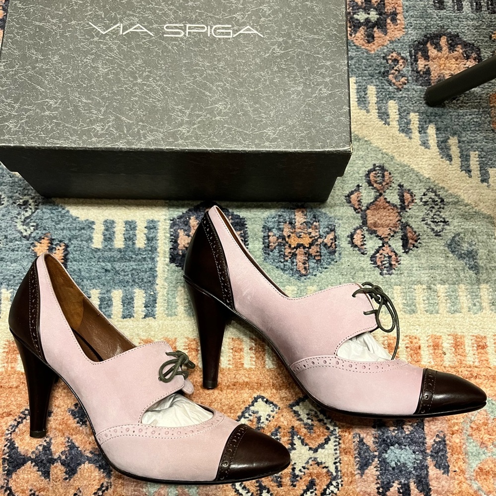 VIA SPIGA KELIS Blush Suede Brown Leather Designer Lace Up Pumps 8 M